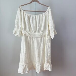 PrettyGarden Off The Shoulder Eyelet Embroidered Cotton Dress Mini White XXL